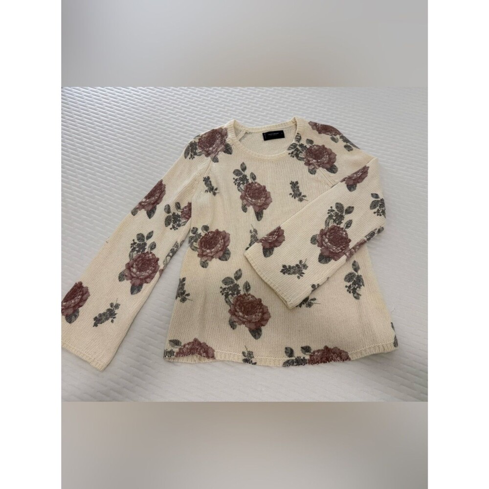 Lucky Brand Floral Knit Sweater Cream Rose Print Boho Cottagecore Size L